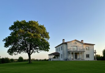 Obraz premium Large tree beside a grand house on a green lawn under a blue sky
