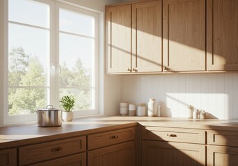 Sunlit kitchen featuring wooden cabinets and a view of trees through window