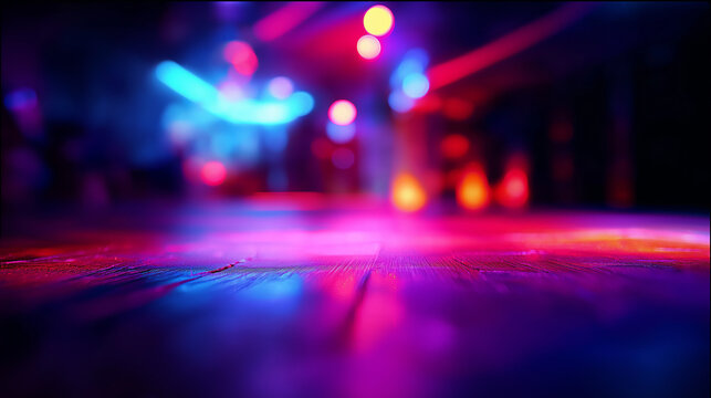 Neon dance floor with abstract light trails and vibrant colors, capturing the energy of nightlife.