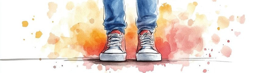 Watercolor of legs in jeans and sneakers, standing on a colorful, abstract splatter background.