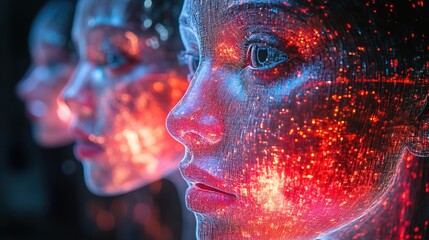 A cybernetic art installation where diverse holographic faces blend into one