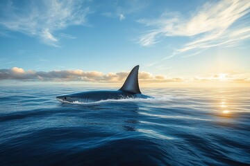 Fototapeta premium A great white shark swimming in the ocean near the surface under a bright sky with scattered clouds at sunset