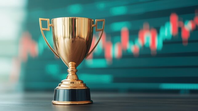 A gold trophy sits on a table with a blurred stock market chart in the background, symbolizing financial achievement and success.