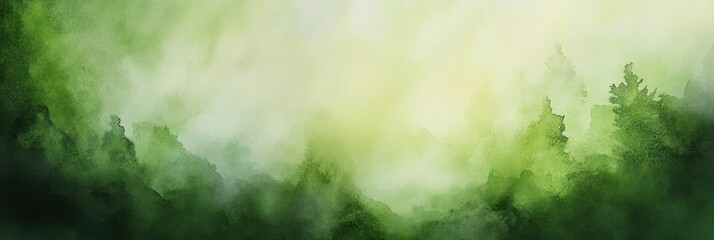 Blurry forest landscape with dense green trees fading into a misty background under soft diffuse daylight