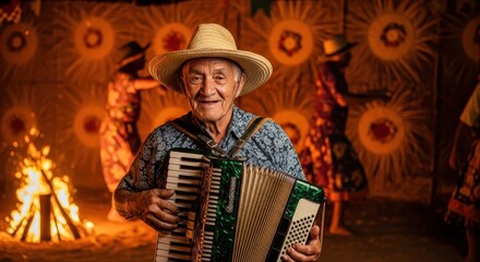 Smiling elderly man playing accordion at traditional São João
