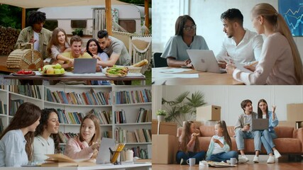 A diverse group of individuals is engaged in collaborative activities around laptops and computers. They are sharing ideas, exploring software, and enjoying time together in multiple environments. - Powered by Adobe