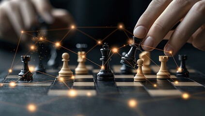 Close-up of two hands playing chess with digitally enhanced glowing connection lines symbolizing strategy and intelligence
