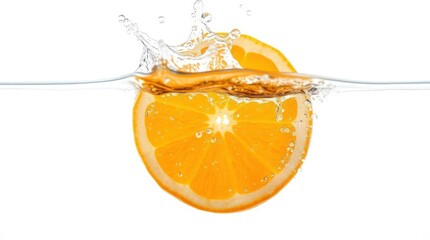 Orange slice plunging into water creating splashes against a stark white backdrop