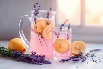 Refreshing pink lavender lemonade in a glass pitcher and glass with lemon slices and fresh lavender sprigs on a white surface near a sunny window