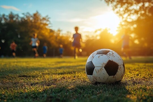 Worn soccer ball resting on grass with children playing and running in the background during golden sunset outdoors - Powered by Adobe