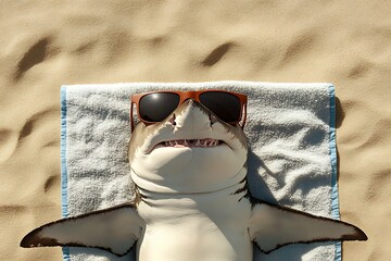 shark sunbathing on a beach laying on a towel wearing sunglasses