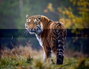 Naklejka premium Tiger in autumnal forest