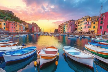 Colorful small boats docked in a serene harbor surrounded by vibrant pastel buildings at sunset under a partly cloudy sky