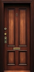 Fototapeta premium classic elegant wooden front door with polished brass hardware and ornate knocker in a dark wood finish