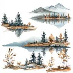 Fototapeta premium Serene Watercolor Landscape Featuring Autumnal Trees and Mountains