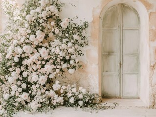 Charming doorway framed by a lavish cascade of delicate pastel roses and greenery