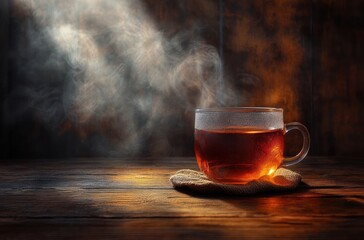 Steaming hot cup of tea in a clear glass cup on a wooden table with warm light and a rustic cozy atmosphere