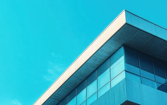 Modern building corner with large reflective glass windows under a clear blue sky, showcasing minimalist architectural design and clean lines