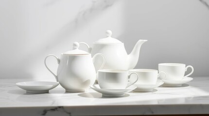 White porcelain tea set arranged on a white marble surface featuring teapot sugar bowl cups and saucers