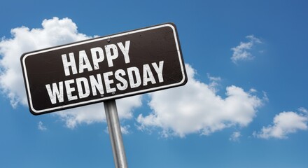 Fototapeta premium Happy Wednesday Greetings: Inspirational Midweek Motivational Sign Against a Bright Blue Sky with Fluffy White Clouds