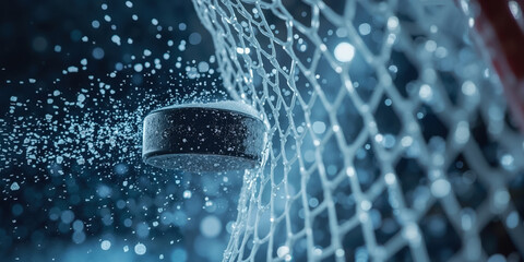 Hockey puck hitting goal net in dramatic slow motion, frozen splash of ice particles, macro close up, powerful scoring sports action moment captured mid-air with cinematic lighting, dynamic vibe