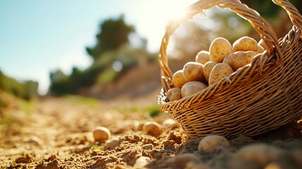basket tipped over with potatoes spilling onto dusty soil path, minimal background blur, details of texture and light on each potato, shadows forming natural patterns, rustic modern simplicity