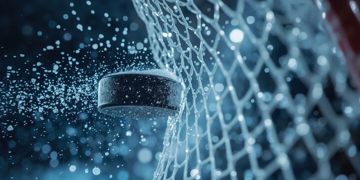 Hockey puck hitting goal net in dramatic slow motion, frozen splash of ice particles, macro close up, powerful scoring sports action moment captured mid-air with cinematic lighting, dynamic vibe