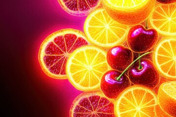 A digital neon fruit wallpaper with glowing outlines of cherries, oranges, and lemons in vibrant electric colors