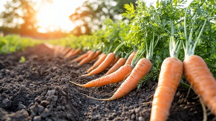 wide angle view of tidy carrot plantation with low sun behind horizon, dramatic shadows stretching through rows, peaceful rural lighting and natural texture contrasts