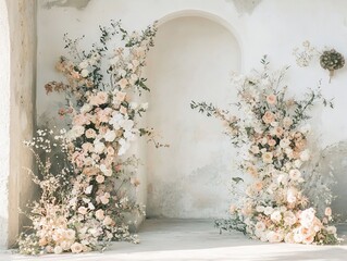Elegant floral archway arrangement for wedding backdrop in pastel tones