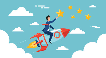 Success achievement, boost growth development to reach target, leadership to win business challenge, startup, entrepreneur or ambition to win, businessman riding fast rocket to reach success star.