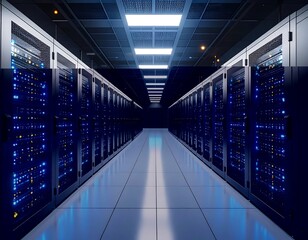 Fototapeta premium Server room interior, illuminated by lights