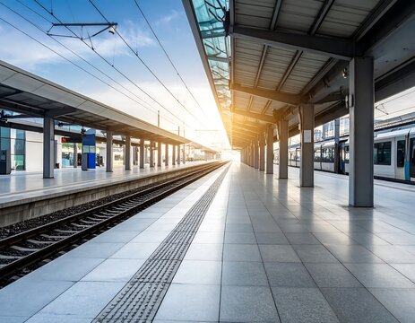 Empty train station platform at sunrise