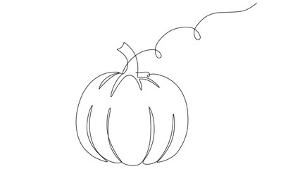 Pumpkin with Vine Continuous Line Drawing.Halloween and Thanksgiving greeting card in simple linear style. Fall harvest in editable stroke