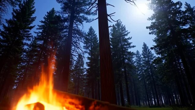 Flames from campfire rising in dense pine forest illuminated by full moonlight during quiet night. Nature concept
