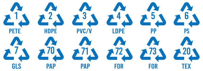 Numbers set of recycling symbol. Recycle symbol. Recycling codes for plastic, paper and metals as well as other materials.