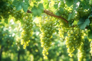 Bright green grapes hanging in clusters from a lush grapevine with vibrant green leaves under soft sunlight, creating a fresh and peaceful vineyard atmosphere