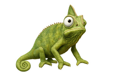 Obraz premium Green cartoon chameleon striking a playful pose on a transparent background, ideal for various creative and design projects