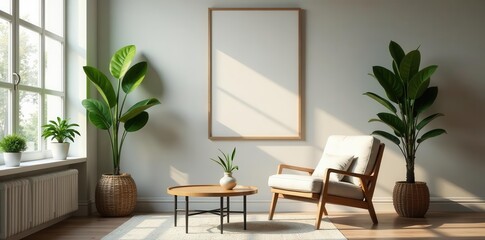 Modern living room with wooden accents Armchair, plants, side table, poster frame, eucalyptus wall , accessories, decor