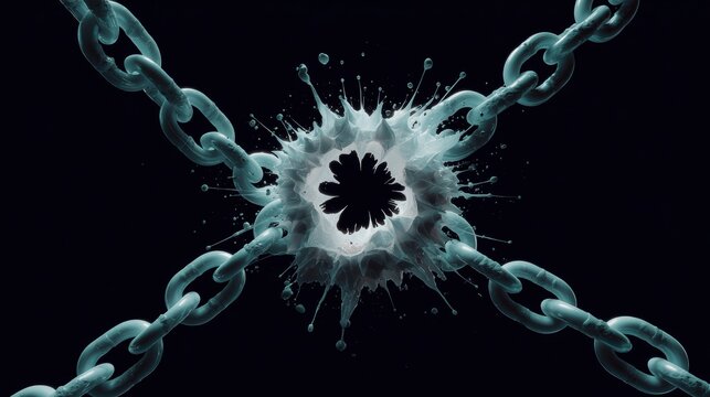Two intersecting metal chains are shattered by an explosive impact at their crossing point, with fragments and liquid spray radiating outward.