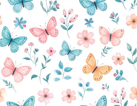 Artistic butterflies and garden blossoms in watercolor style, forming a repeating seamless pattern on white.
