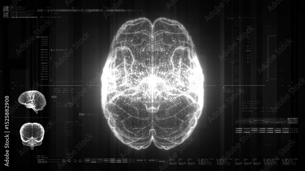 Poster Futuristic biomedical concept featuring advanced holographic scanning technology performing detailed brain neuron pathology and diagnostic analysis. High-tech medical visualizing neural network