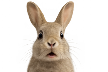 Brown rabbit showing wide-open mouth with startled facial expression, isolated on transparent background