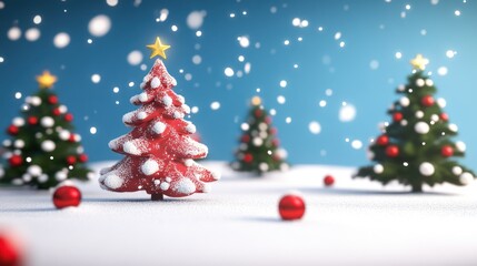 Fototapeta premium Snowy red Christmas tree, winter scene, festive background, holiday card