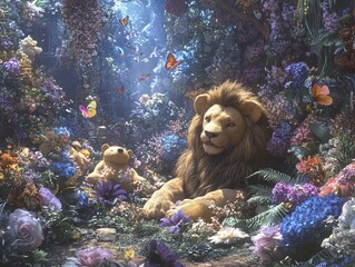 Enchanting forest scene featuring a majestic lion, a teddy bear, and vibrant flowers creating a whimsical atmosphere