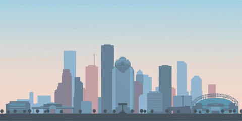 Fototapeta premium Stylized vector illustration of the Houston skyline with simplified building silhouettes, flat design style, and solid bold colors