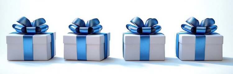 Four neatly wrapped white gift boxes with shiny blue ribbons and bows arranged in a row on a white surface, evoking feelings of celebration and anticipation