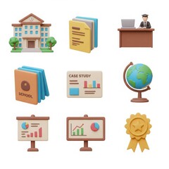 Educational icons arranged in a grid including school building and a globe