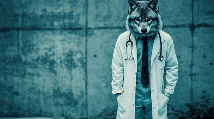 Wolf-headed doctor stands against concrete, medical concept