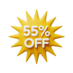 Yellow 55% off starburst discount label isolated on transparent background. Png